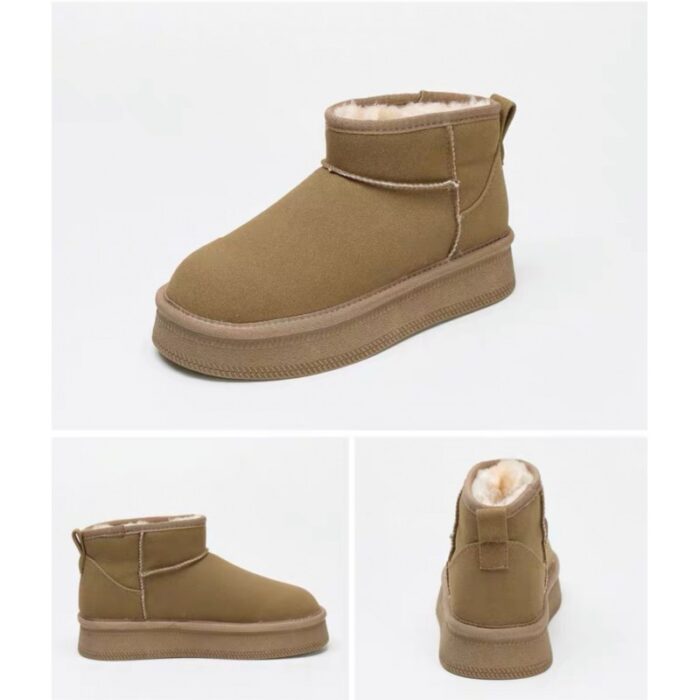 ⁦حذاء مبطن فرو بنعل عريض للنساء لون زيتي⁩ - الصورة ⁦2⁩