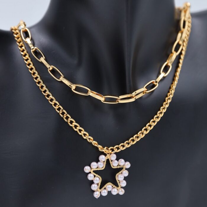 ⁦سلسال ذهبي بتصميم طبقتين بتصميم نجمة مع لولو⁩ - الصورة ⁦2⁩