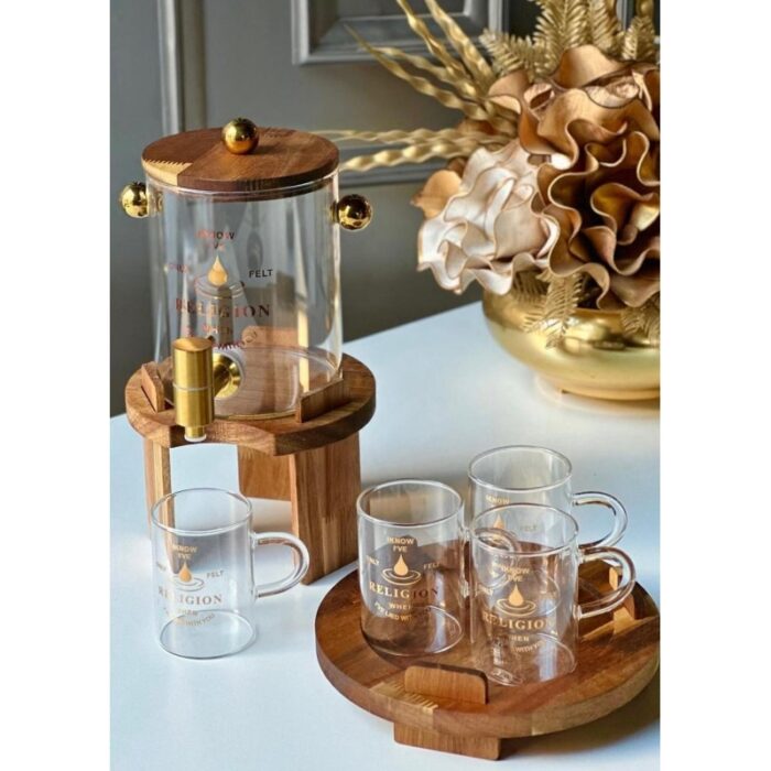 ⁦83*41*48.5 وعاء زجاجي مع حنفيه وقاعده خشب بالاضافه ل 4 كاسات⁩ - الصورة ⁦5⁩