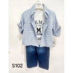 طقم للأطفال 3 قطع مخطط لون أزرق ( قميص ، بلوزة ، بنطال جينز مغيط )