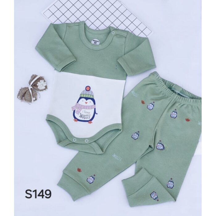 1033754887_67dc7db694d10 طقم بيبي قطعتين رسمة بطريق لون أخضر - الصورة 1