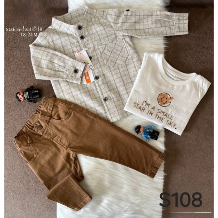 1033754935_67dc7e0ada878 طقم للأطفال 3 قطع كاروهات لون بيج ( قميص ، بلوزة ، بنطال جينز ) - الصورة 1