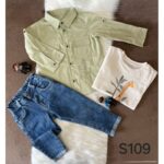 طقم للأطفال 3 قطع لون أخضر ( قميص ، بلوزة ، بنطال جينز )