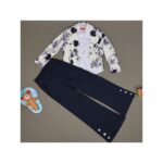 طقم 3 قطع (جاكيت وبنطلون وقميص حفر) بناتي لون كحلي وأبيض