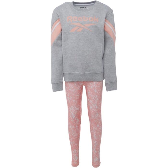 1033755266_67dc810362580 Reebok Junior Logo Crew And Leggings Set- طقم رياضي ريبوك لوجو كرو للأطفال لون رمادي وزهري - الصورة 1