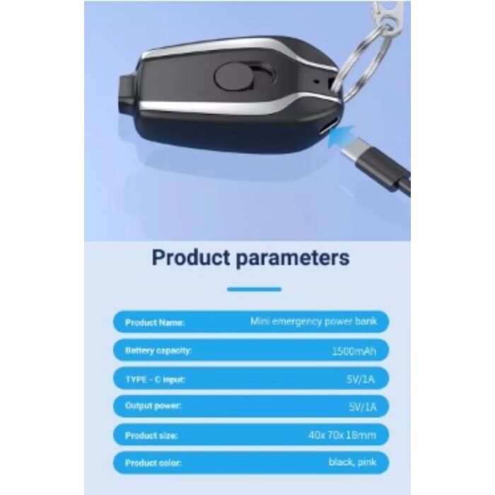 ⁦باور بانك  تايب سي على شكل ميدالية مفاتيح مزود طاقة - محمول حجم صغير وخفيف الوزن - سعة 2000 ميلي أمبير - لون أسود/ زهري - حصريًا في مارت⁩ - الصورة ⁦2⁩