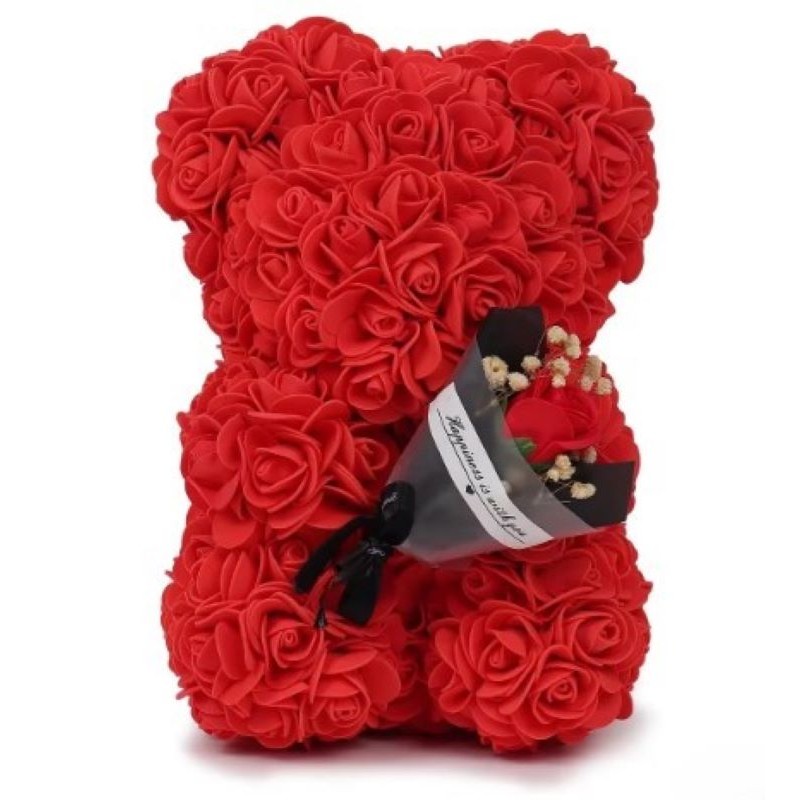 ⁦دمية دب مصنوع من الورد الصناعي مع وردة حمراء جميلة - لون أحمر - الارتفاع 25 سم - مثالي لوضعه كديكور أو كهدية مميزة لأحبائكم⁩ - الصورة ⁦1⁩