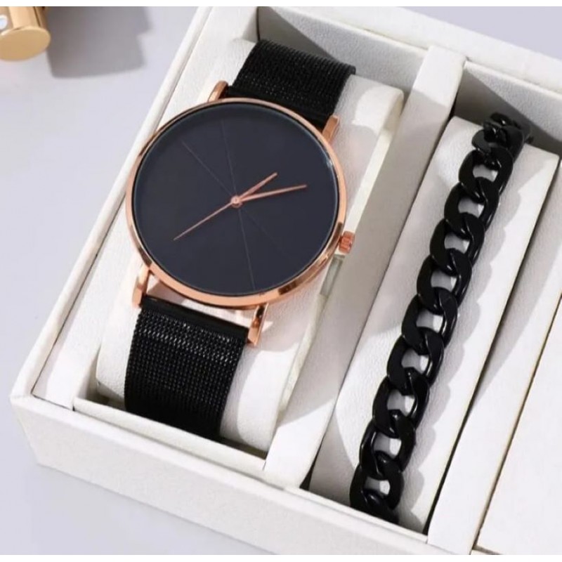 ⁦ساعة يد رجالية كوارتز تصميم جديد من الستانلس ستيل المقاوم للصدأ - ذات حزام شبكي - مع إسوارة أنيقة - لون أسود مع برونزي - ماركة DEYROS⁩ - الصورة ⁦1⁩