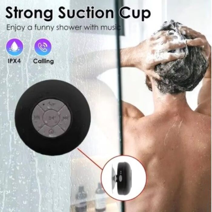 ⁦سبيكر لاسلكي ومستقبل للمكالمات وسماع الموسيقى - مضاد للماء ومحمول - يعمل بالبلوتوث صوت ستيريو عالي الجودة - يمكن استخدامه في السيارة  او الحمام  - لون أسود⁩ - الصورة ⁦2⁩