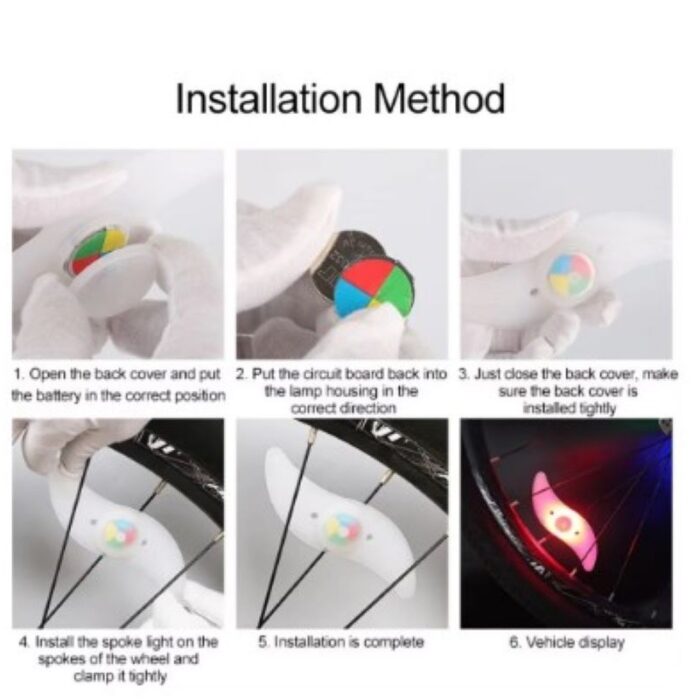 ⁦أضواء فلاش ملونة  لعجلات الدراجات مقاومة للماء- بثلاثة مستويات إضاءة LED - بطارية ليثيوم صغيرة داخلية CR2032 يمكن تغييرها بسهولة⁩ - الصورة ⁦5⁩