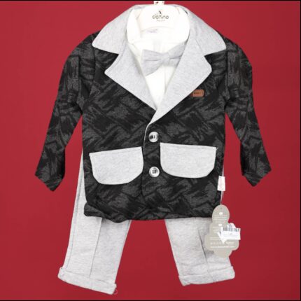 طقم قطني مكون من 3 قطع جاكيت مخطط وقميص وبنطلون للأطفال لون أسود ورمادي