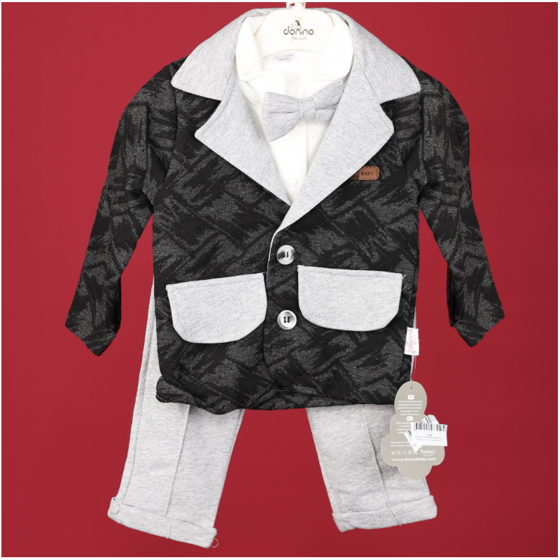 103375891_67dc9f0732638 طقم قطني مكون من 3 قطع جاكيت مخطط وقميص وبنطلون للأطفال لون أسود ورمادي - الصورة 1