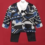 طقم قطني مكون من 3 قطع جاكيت مخطط وقميص وبنطلون للأطفال لون أسود وأزرق وأبيض