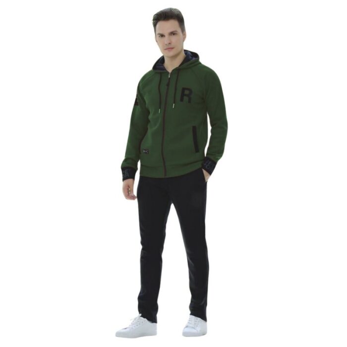 ⁦بجامة رجالي قماش لاكوست ضد التقطين مبطن فرو للرجال لون زيتي وأسود⁩ - الصورة ⁦2⁩