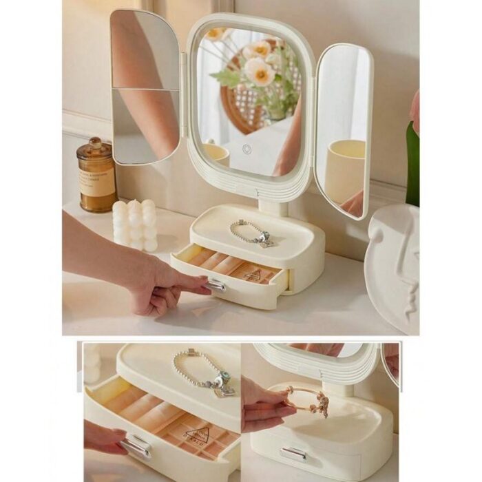⁦مرآة مكياج بإضاءة LED مع زاوية قابلة للتعديل وأدراج تخزين لون زهري⁩ - الصورة ⁦7⁩