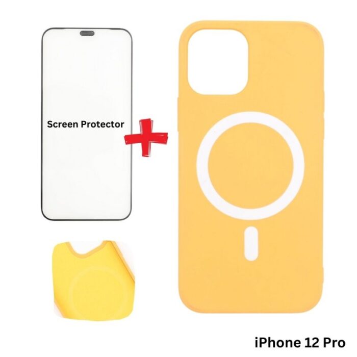 103376220_67dca25611a6e كفر ايفون 12 برو ماج سيف داعم للشحن اللاسلكي لون برتقالي مع هدية لزقة حماية للشاشة - الصورة 1