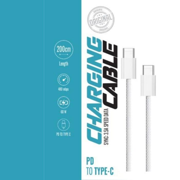 ⁦سلك شحن سريع - طول 2 متر - TYPE C TYPE C . سرعة نقل المعلومات 480M . سرعة الشحن 60W . لون ابيض⁩ - الصورة ⁦4⁩