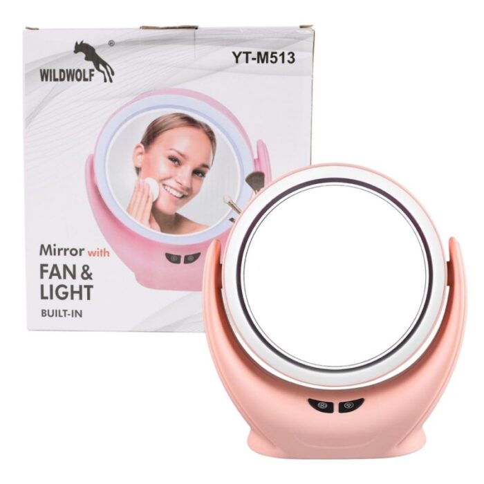 ⁦مراة مضيئة مع مروحة متعددة الاستخدمات للمكياج تعمال بشحن والبطاريات لون زهري⁩ - الصورة ⁦2⁩