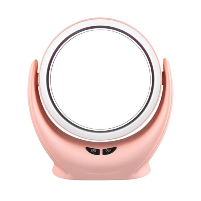 ⁦مراة مضيئة مع مروحة متعددة الاستخدمات للمكياج تعمال بشحن والبطاريات لون زهري⁩ - الصورة ⁦3⁩