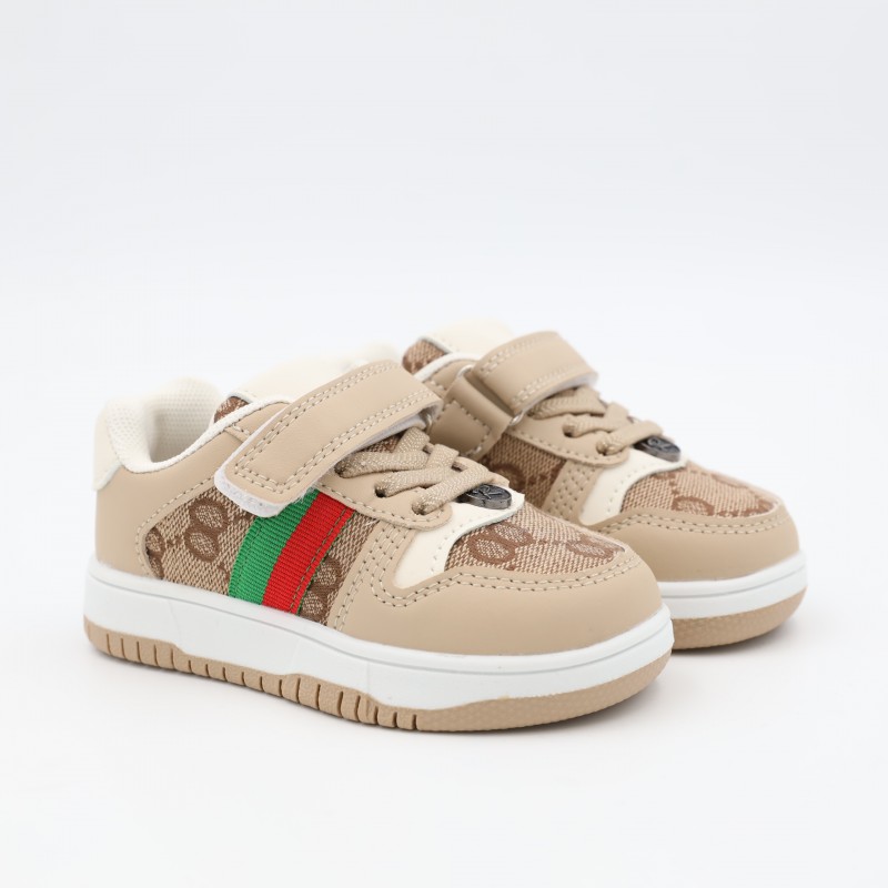 ⁦حذاء برباط ولاصق للأطفال لون بيج ونعل أبيض⁩ - الصورة ⁦1⁩