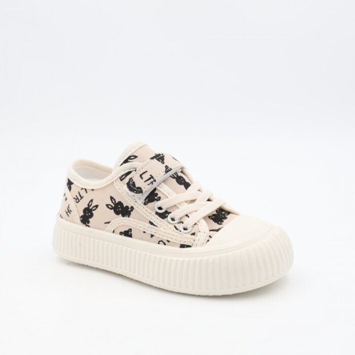 ⁦حذاء برباط ولاصق للأطفال لون بيج وأسود و أبيض⁩ - الصورة ⁦2⁩