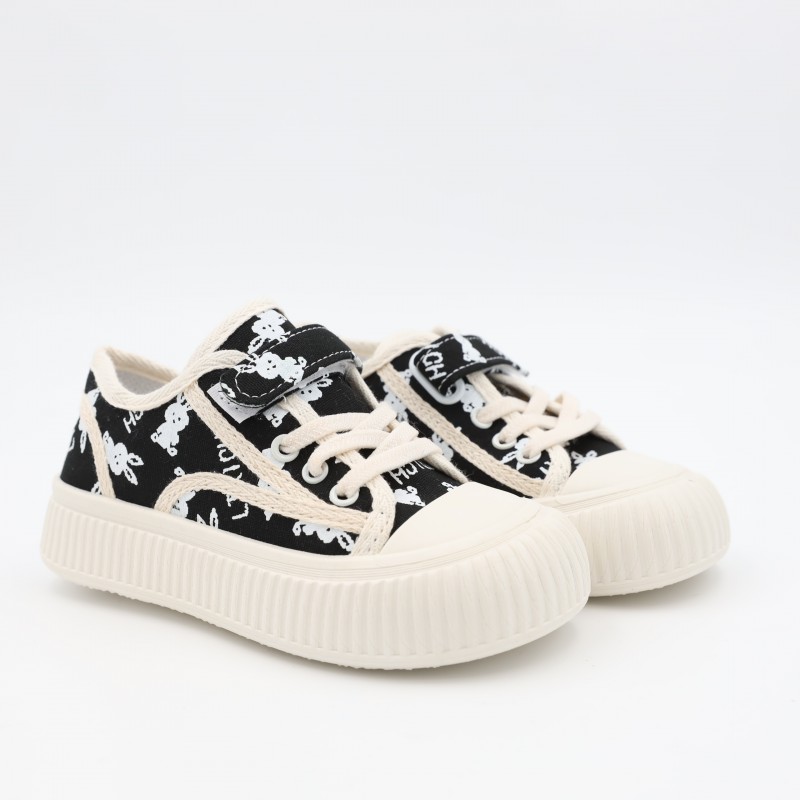 ⁦حذاء برباط ولاصق للأطفال لون أسود و أبيض⁩ - الصورة ⁦1⁩