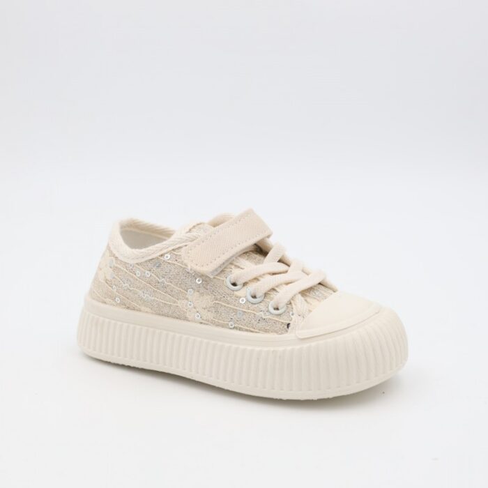 ⁦حذاء برباط ولاصق بلمعة للأطفال لون أسود و أبيض⁩ - الصورة ⁦2⁩