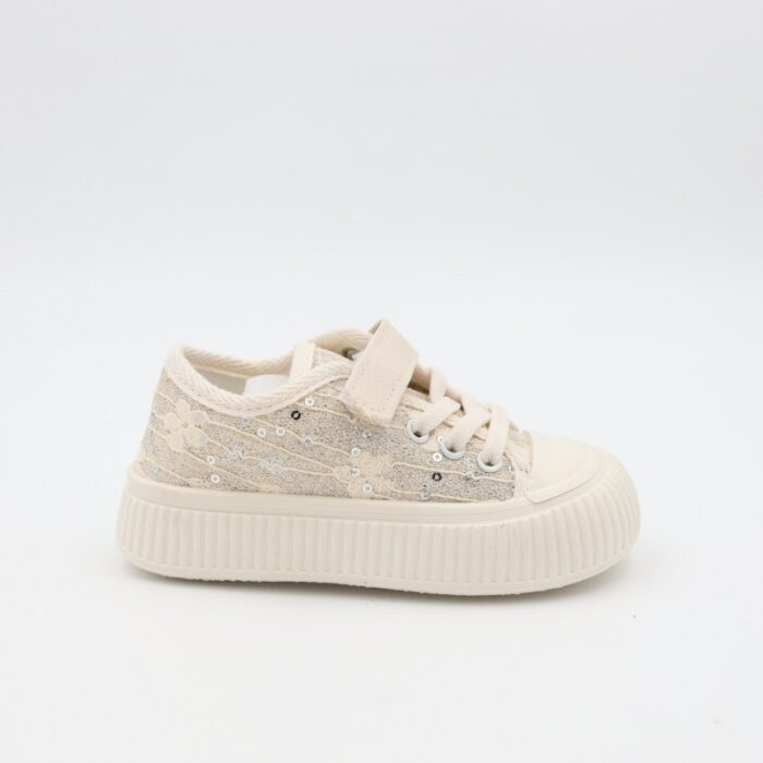 ⁦حذاء برباط ولاصق بلمعة للأطفال لون أسود و أبيض⁩ - الصورة ⁦3⁩