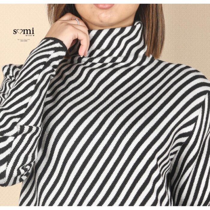 ⁦بلوزة صوف بأكمام طويلة للنساء لون أسود وأبيض⁩ - الصورة ⁦3⁩