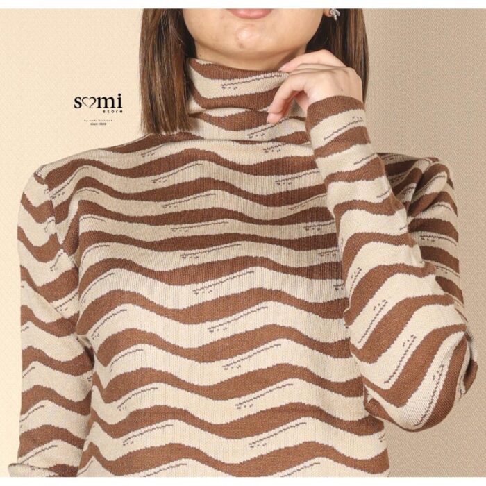 ⁦بلوزة صوف بأكمام طويلة للنساء لون بني وبيج⁩ - الصورة ⁦3⁩