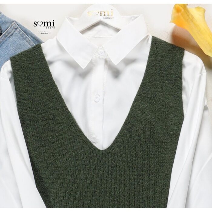 ⁦طقم قميص مع فست صوف لون أخضر وأبيض⁩ - الصورة ⁦2⁩