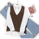 طقم قميص مع فست صوف لون بني وأبيض