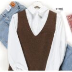 ⁦طقم قميص مع فست صوف لون بني وأبيض⁩ - الصورة ⁦2⁩