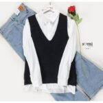 طقم قميص مع فست صوف لون أسود وأبيض