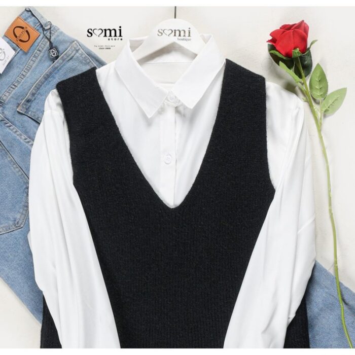 ⁦طقم قميص مع فست صوف لون أسود وأبيض⁩ - الصورة ⁦2⁩