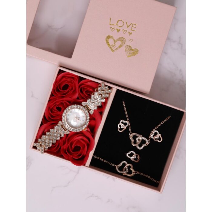 103376795_67dca68270a5a طقم اكسسوارات 4 قطع مع ساعة لون جولدن روز - الصورة 1