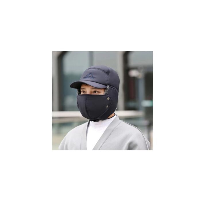 ⁦طقية فرو دافئ للرجال مع غطاء للاذنين وقناع للانف والفم يمكن إزالته يمكن ارتداؤها في أي مكان وأثناء الجري وركوب الدراجات لون اسود⁩ - الصورة ⁦6⁩