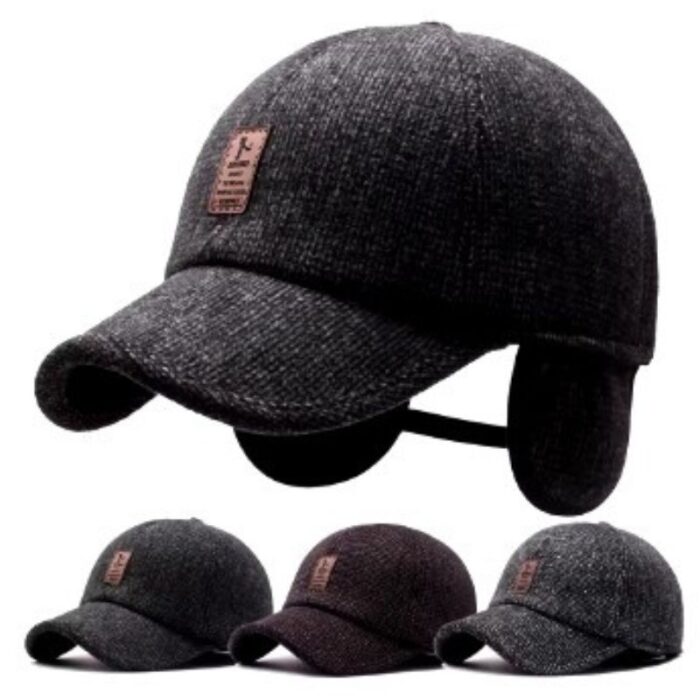 ⁦طقية شتوية  فخمة محبوكة من الصوف الدافئ للرجال مع غطاء للاذنين تصميم عصري وأنيق لون سكني⁩ - الصورة ⁦2⁩