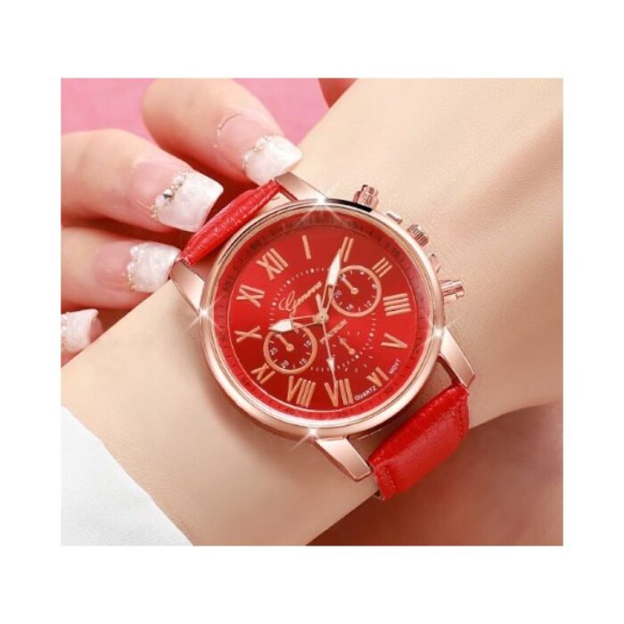 103376954_67dcb814f1ae5 ساعة كوارتز تصميم عصري وأنيق للصبايا حزام جلد عالي الجودة لون أحمر - الصورة 1