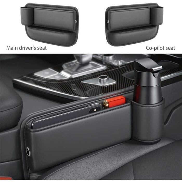 ⁦منظم لملء الفراغات بين مقاعد السيارة وحامل للأكواب والهواتف والنظارات والمفاتيح والبطاقات وغيرها مصنوع من الجلد الجهة اليمنى⁩ - الصورة ⁦2⁩