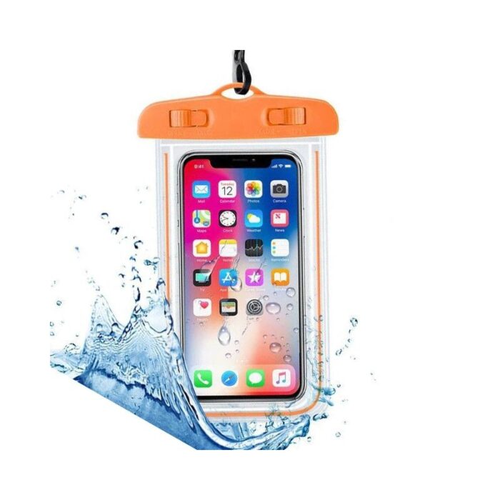 ⁦حقيبة حماية جوال ضد الماء متوافقة مع جوالات بحجم 6 انش مثالي لاستخدامه أثناء السباحة أو تحت المطر لون برتقالي⁩ - الصورة ⁦1⁩