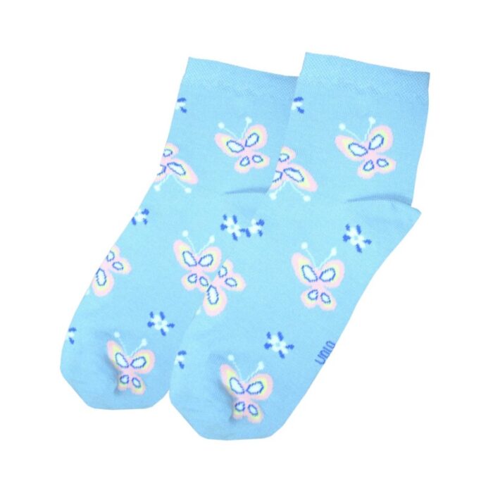 103377100_67dcb8ff62be8 جوارب قطنية طويلة بتصميم رسوم فراشة وورد (زوج واحد) من فولو للنساء لون أزرق - الصورة 1