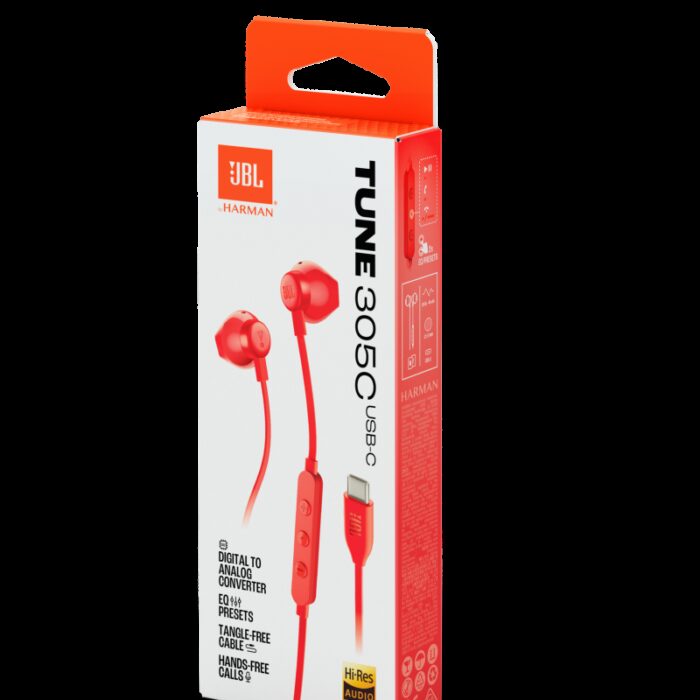 ⁦JBL Tune 305C USB Wired Hi-Res Earbud Headphones-Red⁩ - الصورة ⁦9⁩