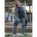 طقم نسائي جلد (3 قطع) بأكمام طويلة للنساء لون رمادي