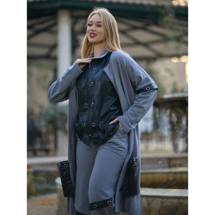 ⁦طقم نسائي جلد (3 قطع) بأكمام طويلة للنساء لون رمادي⁩ - الصورة ⁦2⁩