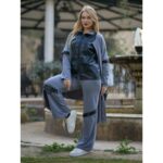 ⁦طقم نسائي جلد (3 قطع) بأكمام طويلة للنساء لون رمادي⁩ - الصورة ⁦3⁩