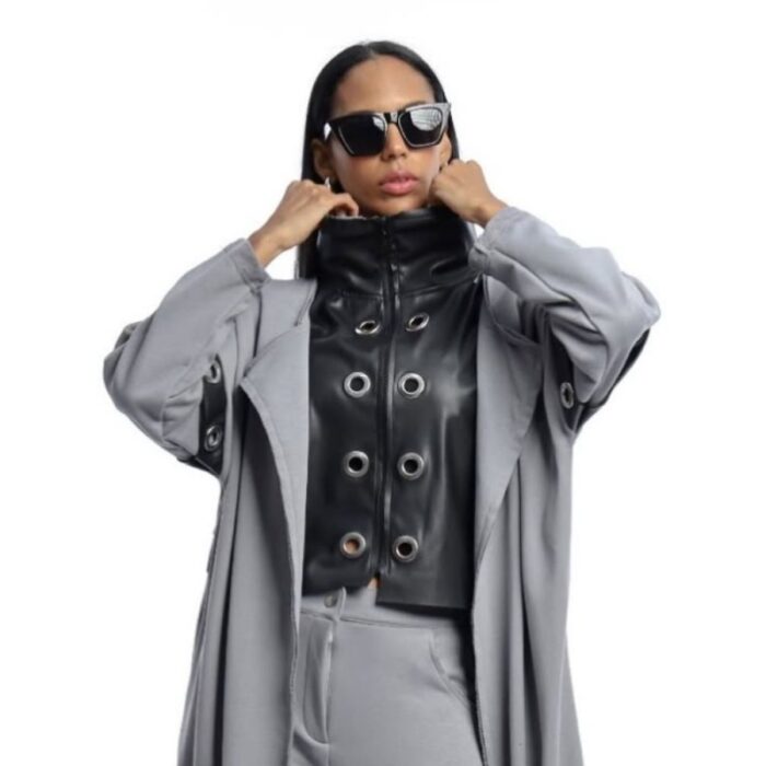 ⁦طقم نسائي جلد (3 قطع) بأكمام طويلة للنساء لون رمادي⁩ - الصورة ⁦5⁩