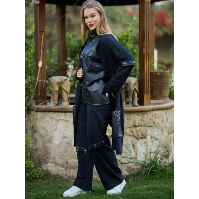 ⁦طقم نسائي جلد (3 قطع) بأكمام طويلة للنساء لون أسود⁩ - الصورة ⁦2⁩