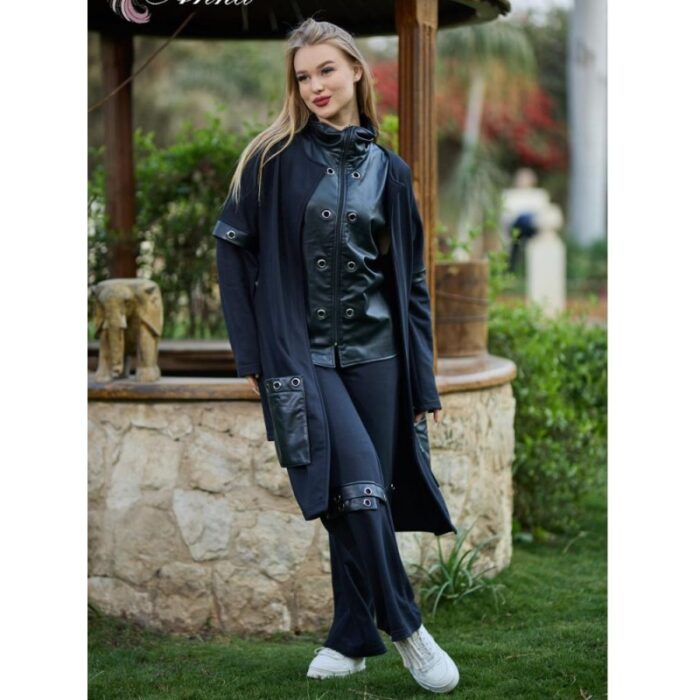 ⁦طقم نسائي جلد (3 قطع) بأكمام طويلة للنساء لون أسود⁩ - الصورة ⁦3⁩