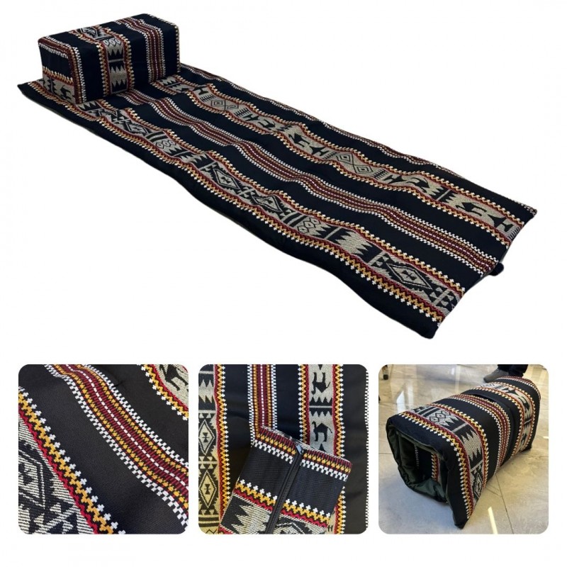 ⁦فرشات رحل مع مسند بتصميم فلسطيني تراثي لون أسود وزيتي⁩ - الصورة ⁦1⁩